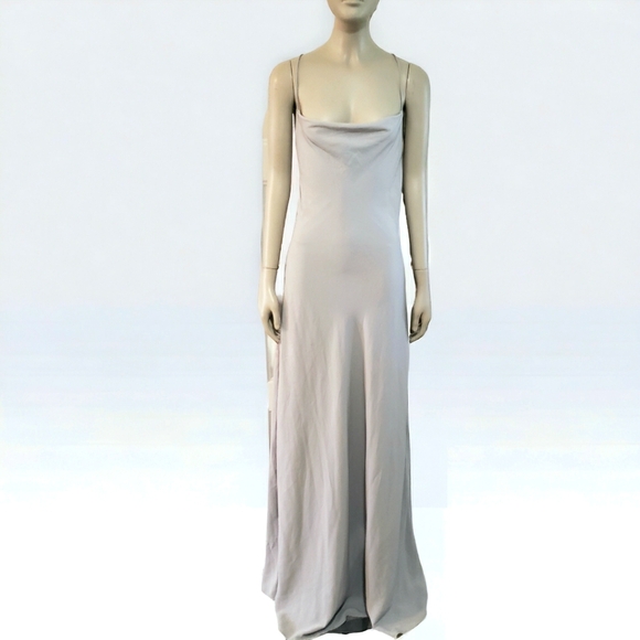 SLW Womens L Grey Cowel Drape Maxi Formal X Back Dress Split Side Lined Pullover - Picture 1 of 12